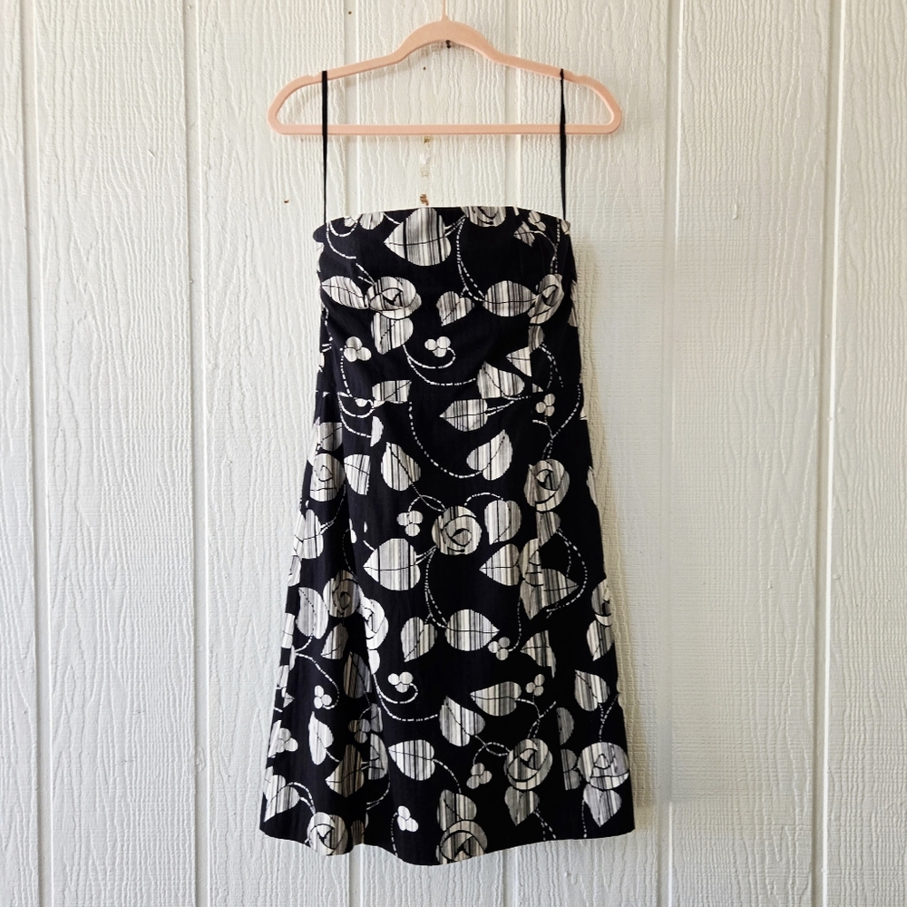 Helen Wang New York Strapless Leaf Print Dress Black & White sz 6